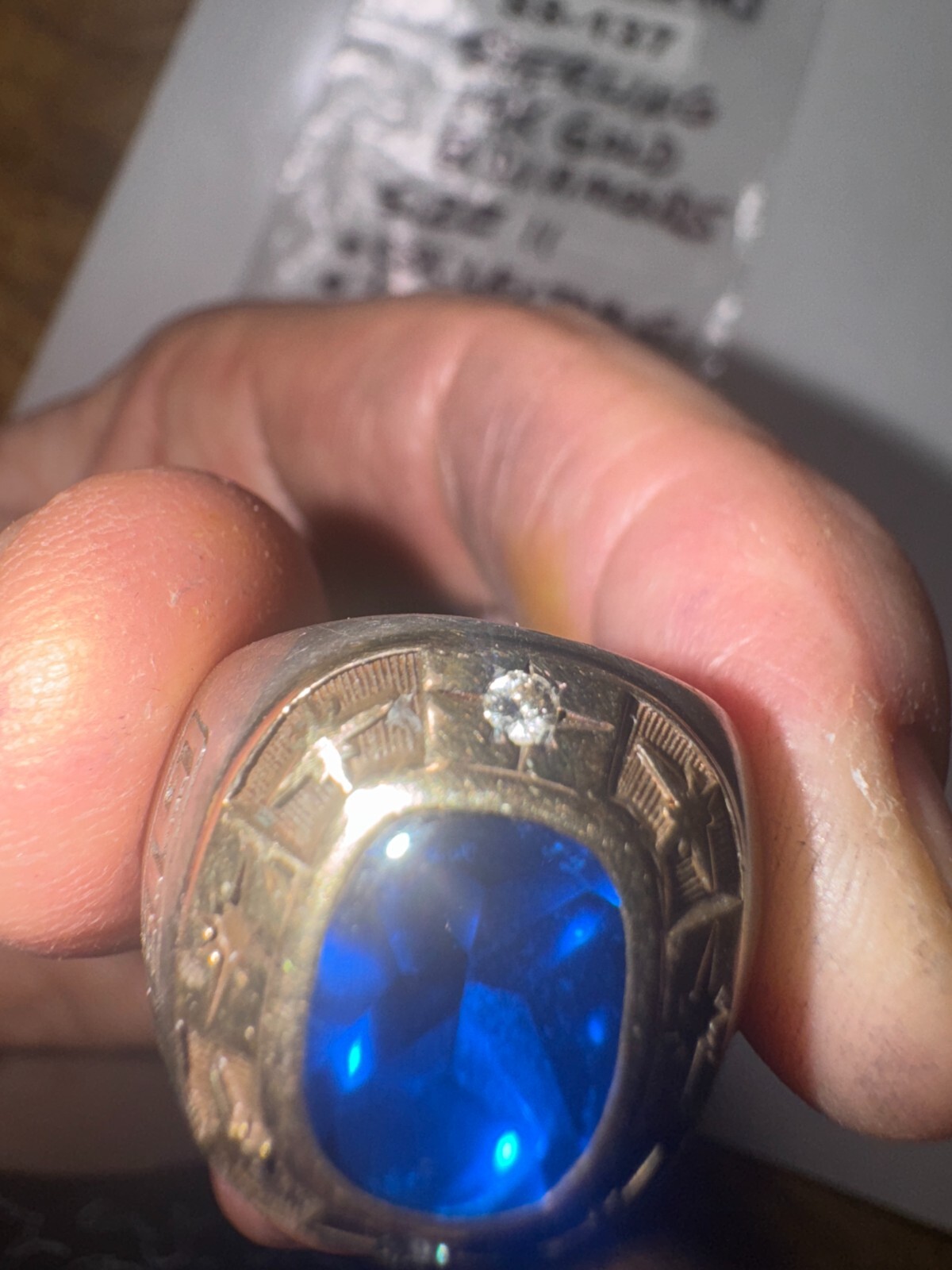 GTE Service Ring: Sterling & 14K Gold w/2 Diamonds & Blue Stone Very Cool SS-137