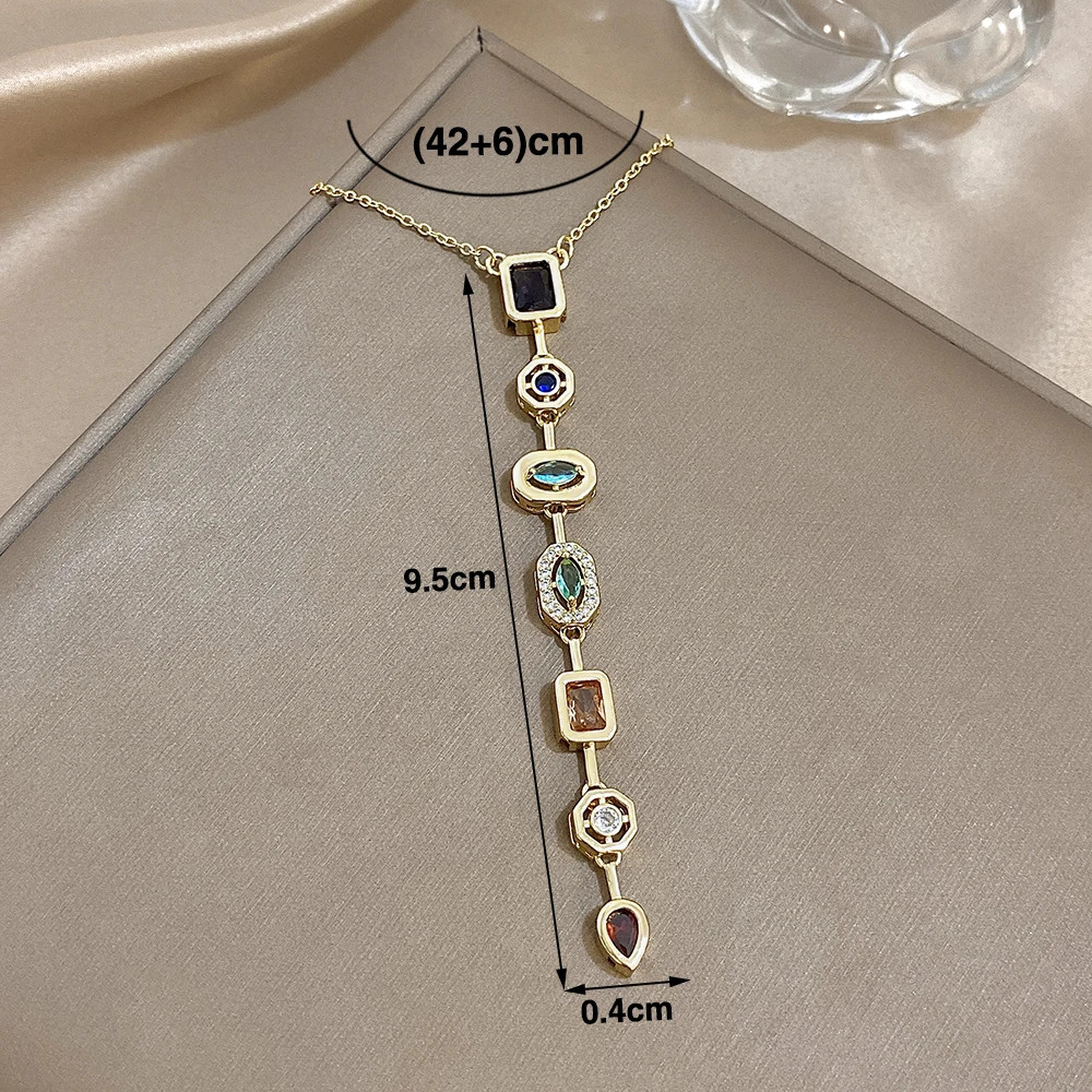 Vintage Geometric Colorful Zircon Long Pendant Necklace for Women Gold Plated