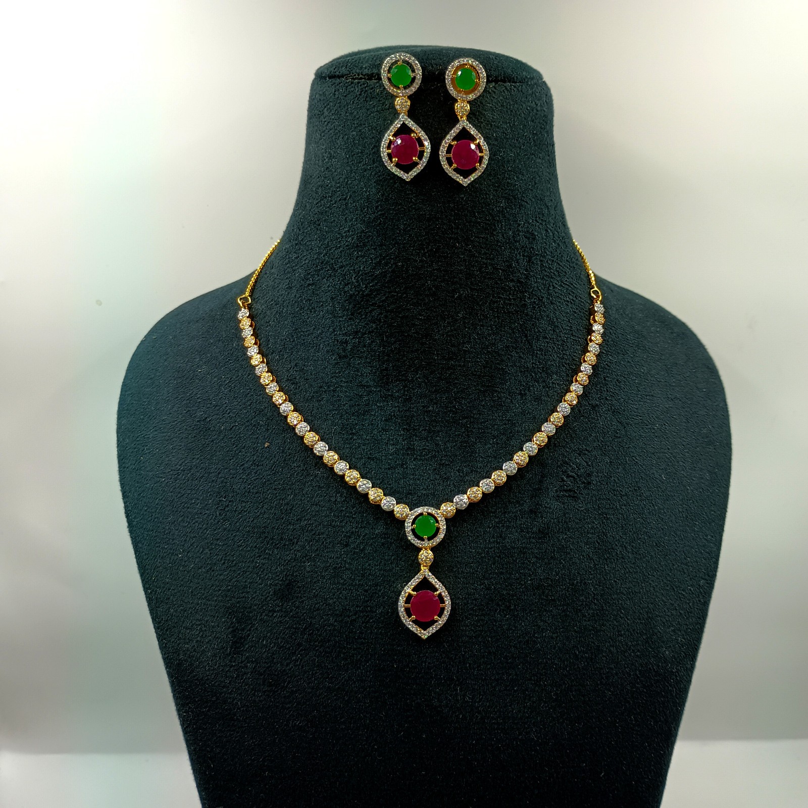 Round Stone Ruby Emerald Necklace Set 22k Gold Plated South Indian Jewelry