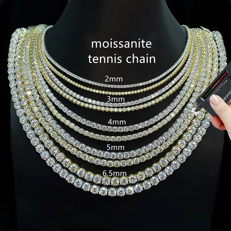 925 Sterling Silver Moissanite Tennis Chain Necklace 2-6.5mm 14-24in Men & Women