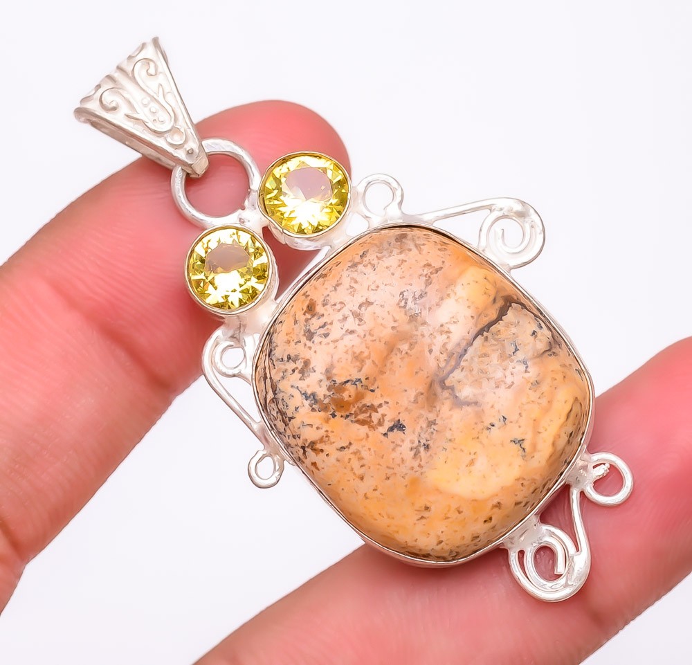 Natural Picture Jasper & Citrine 925 Silver Plated Jewelry Pendant 2.2″ S1986