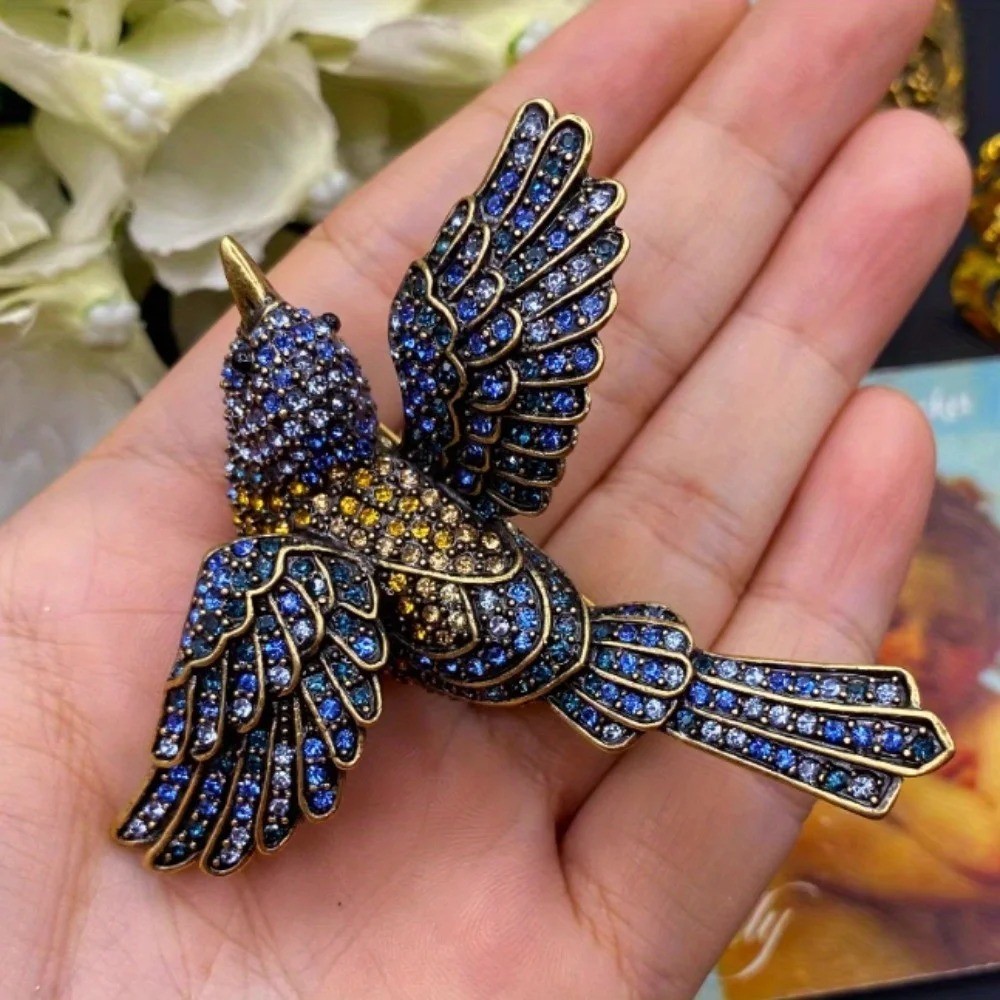 Vintage Blue Rhinestone Bird Brooch Sparkling Crystal Flying Bird Pin