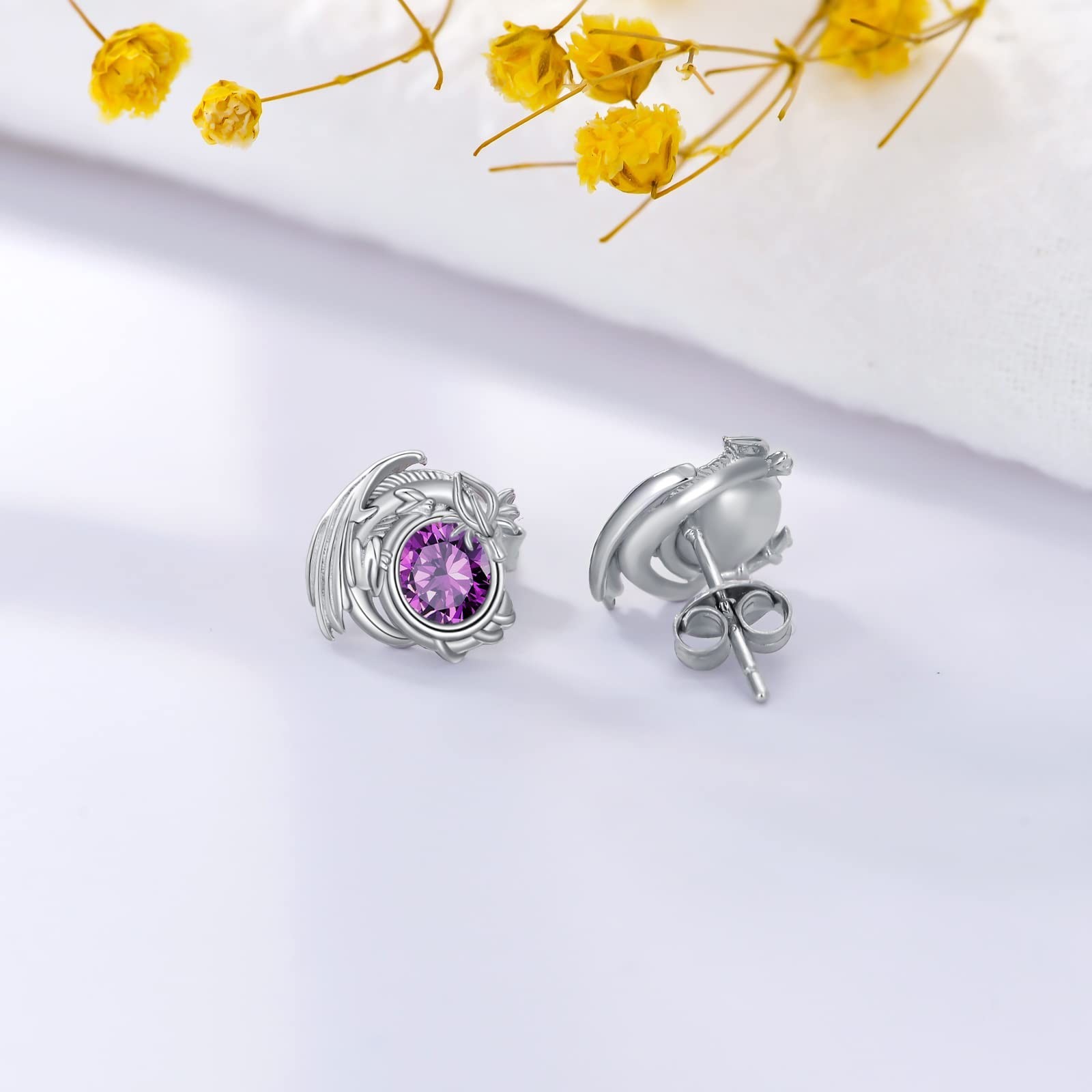 Dragon Earrings Sterling Silver Stud Hypoallergenic Birthstone Crystal Dragon…
