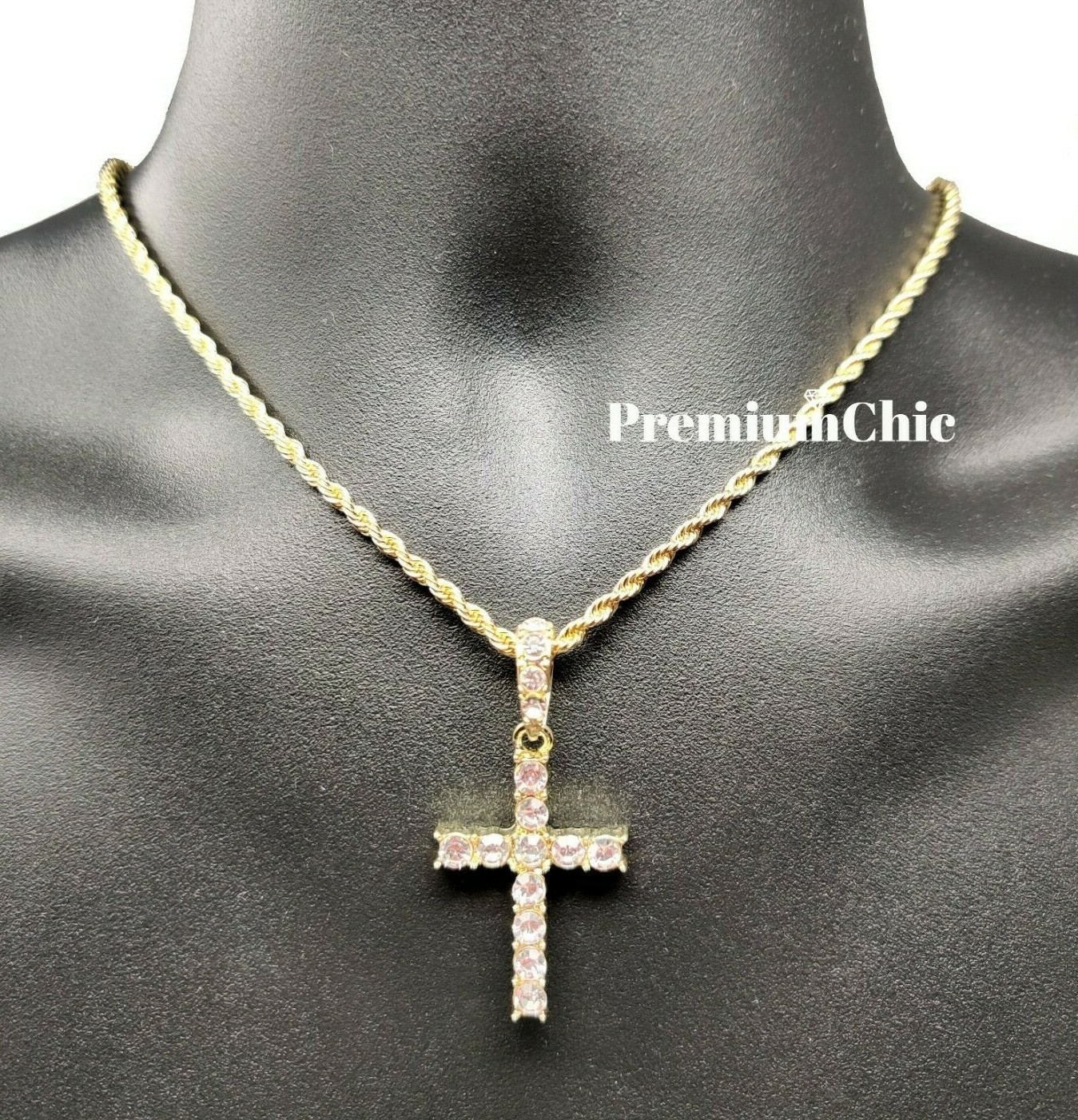 Iced Cross Pendant with 3MM Rope Chain Necklace Mens Hip Hop Plated CZ Jewelry