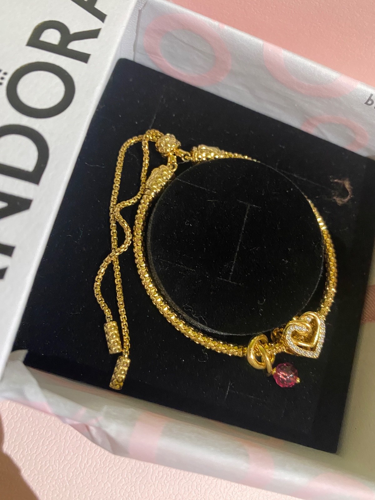 PANDORA Studded Chain Slider Bracelet 14K Gold Plated + 2 Charms + Box and Bag