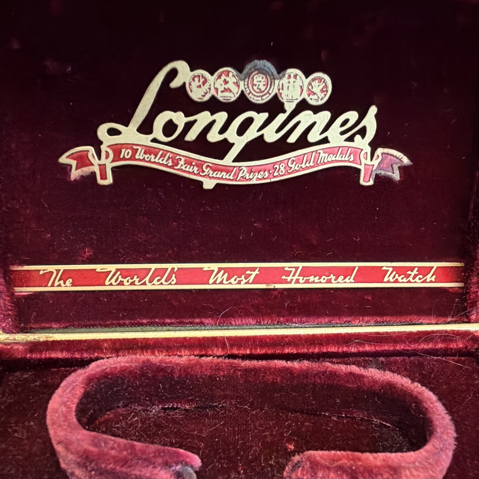 Vintage Longines Watch Box Red Velvet Metal Coffin Case Worlds Most Honored Empt