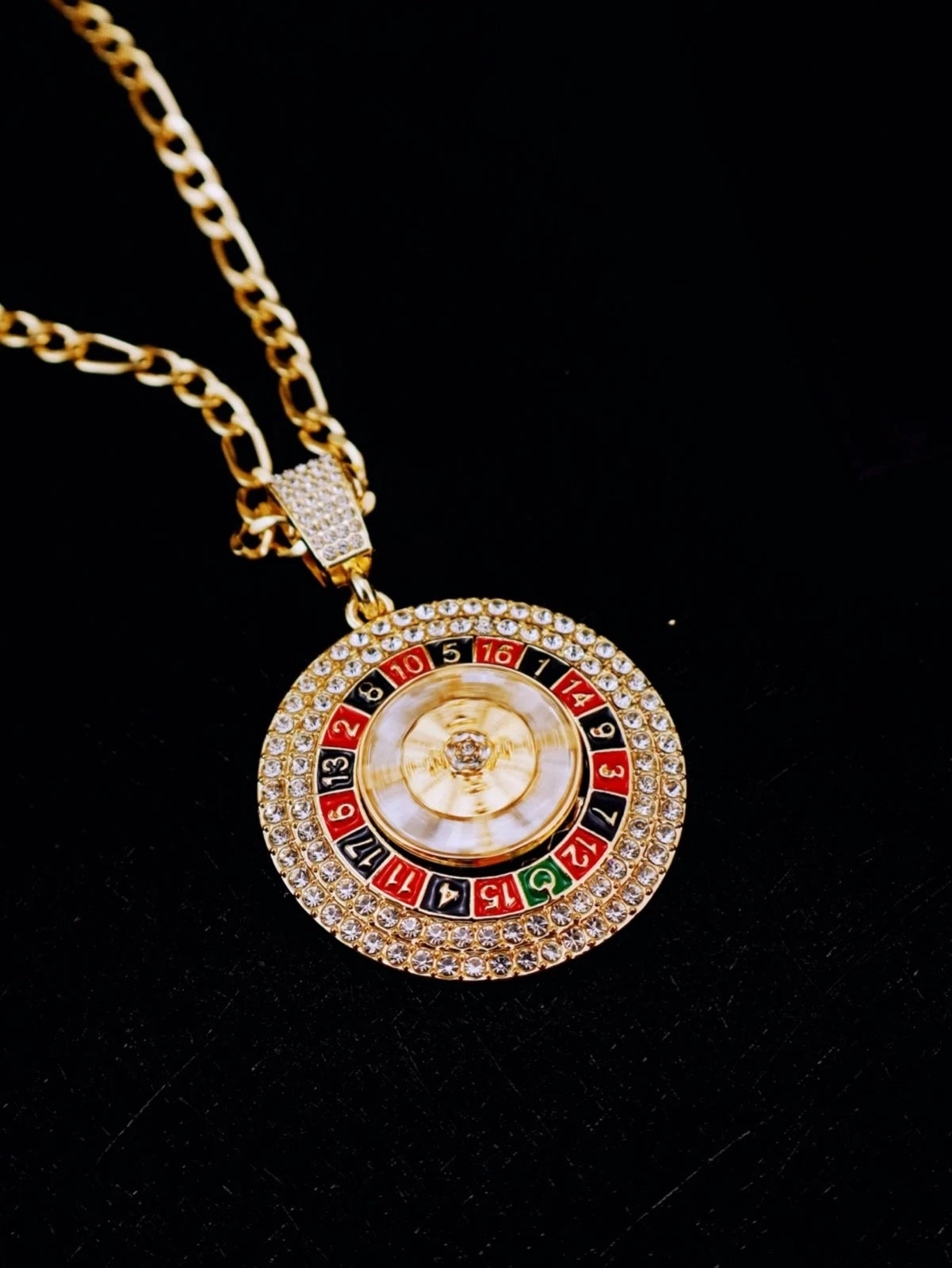 Gold Roulette Spinning Center /Casino Poker Cards Pendant Necklace Cuban Chain
