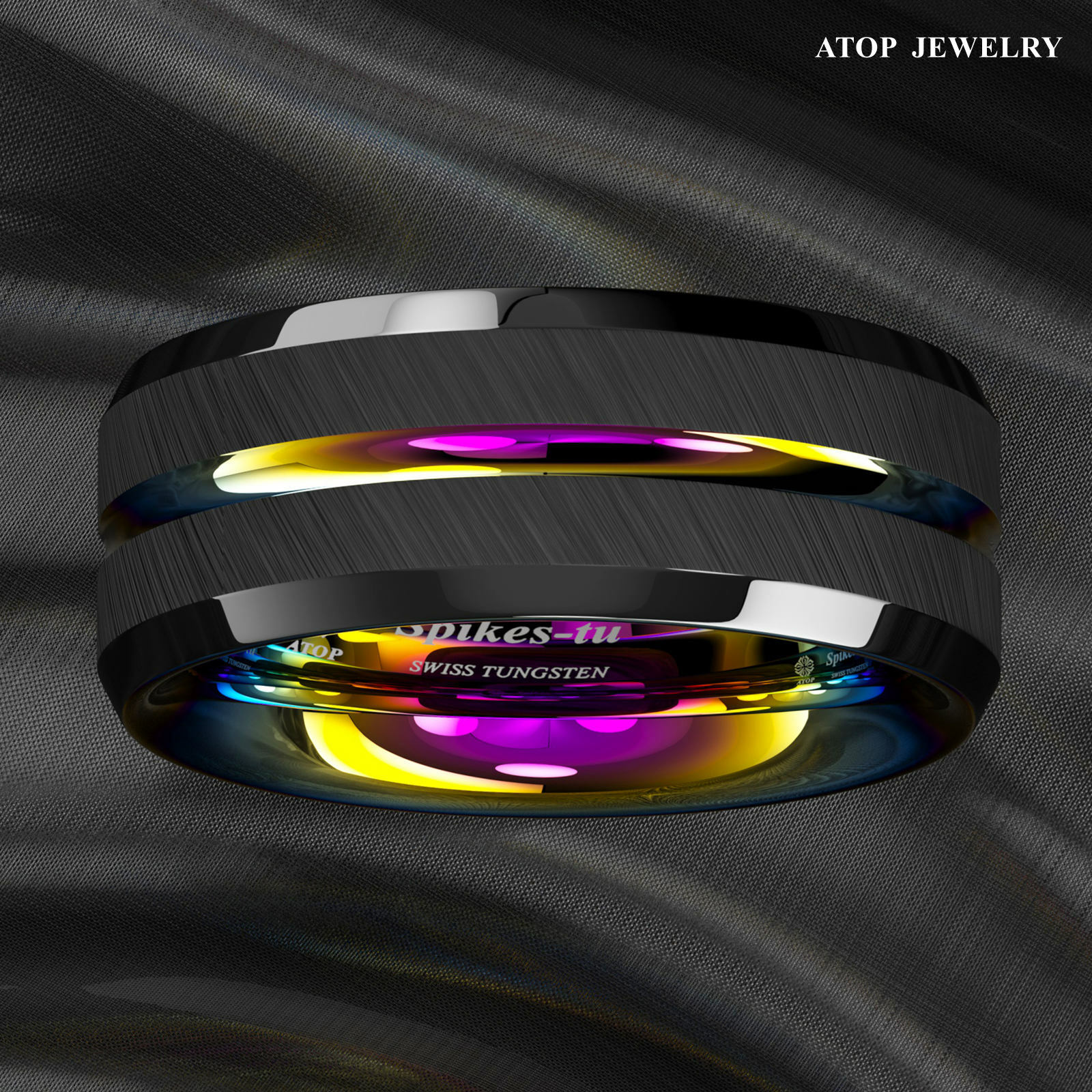 8/6mm Black Brushed Tungsten Carbide Ring Rainbow Line Wedding Band ATOP Jewelry