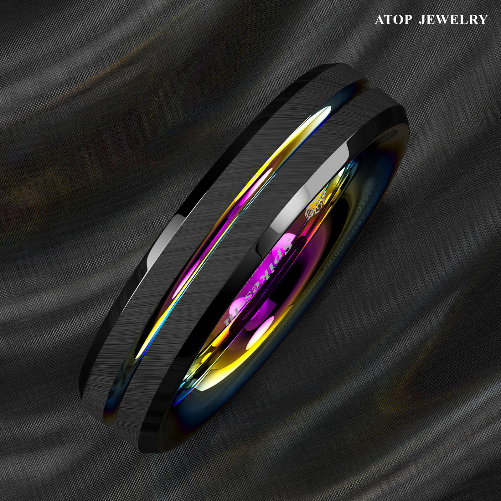 8/6mm Black Brushed Tungsten Carbide Ring Rainbow Line Wedding Band ATOP Jewelry
