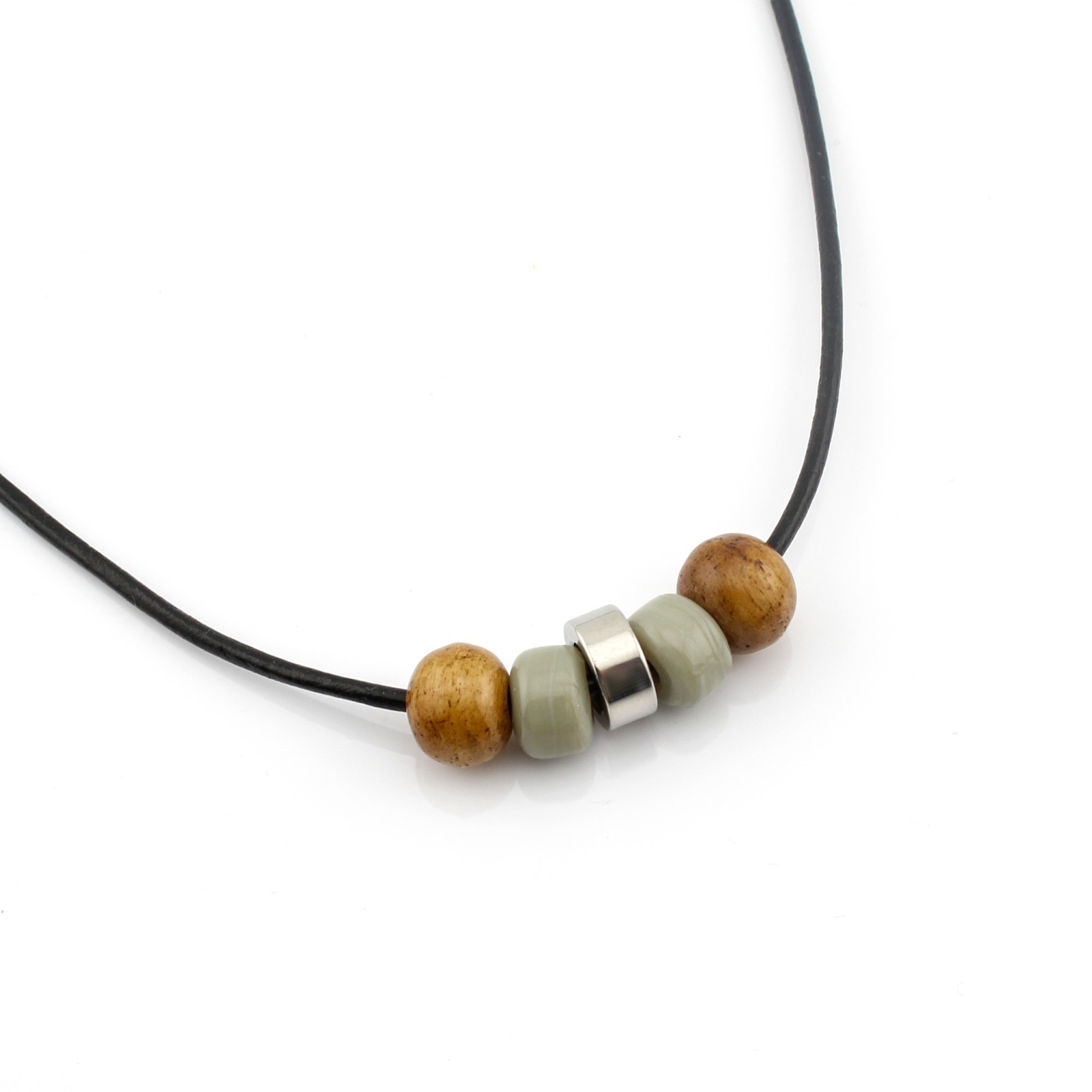Mens Boho Bead Necklace Black Waterproof Cord Wood Glass Stainless Steel