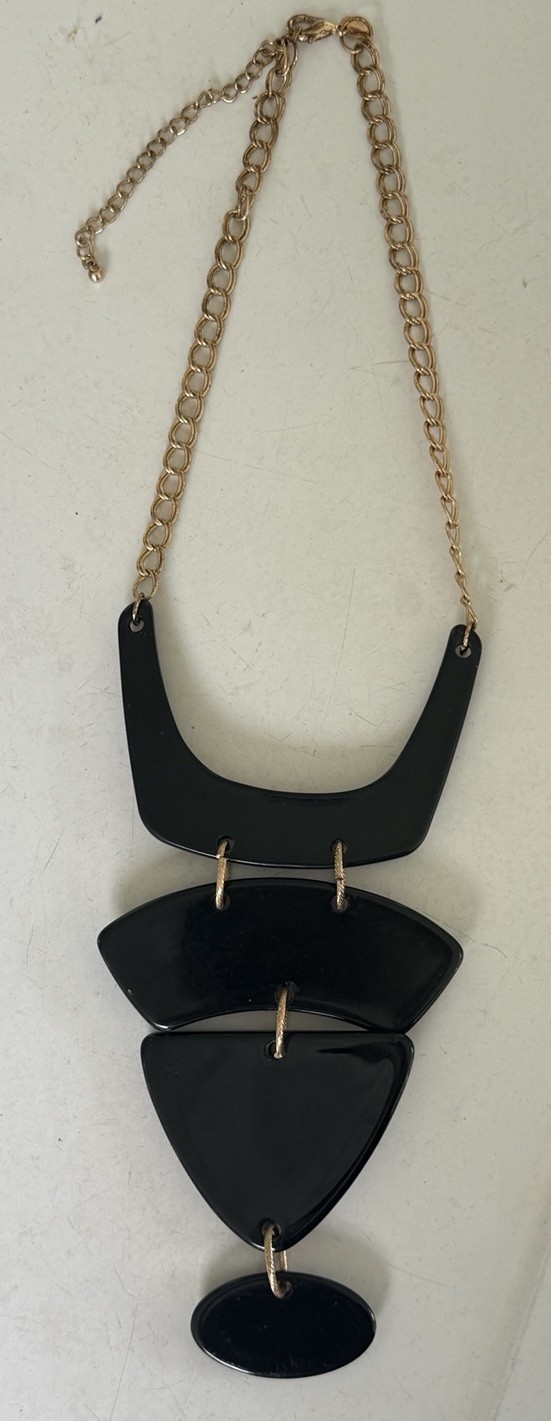 Chico’s Geometric Black Gold Statement Tier Bib Necklace Art Deco Chunky Bold