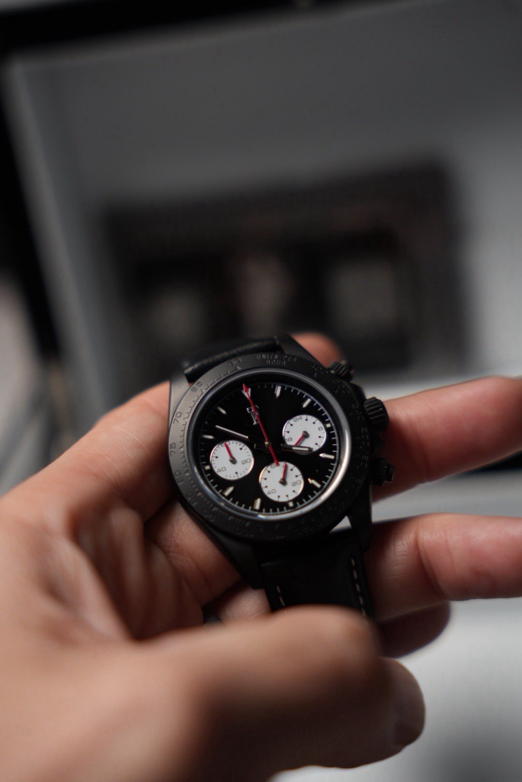 Time Panda Chronograph Quartz 40mm Black Dial Leather Strap w/ Box