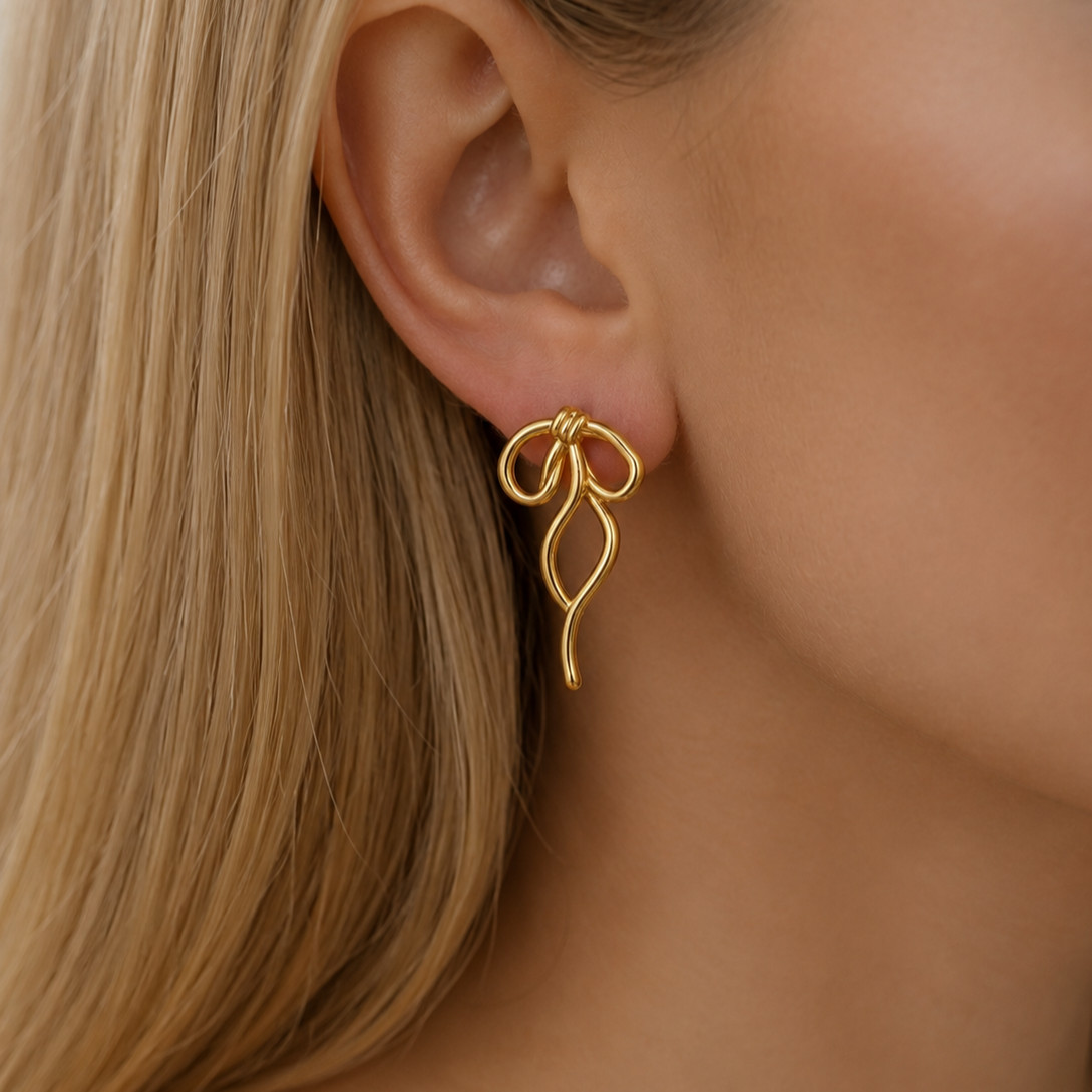 Handmade Gold Bow Earrings Women Wire Ribbon Stud Dangle Minimalist Trendy