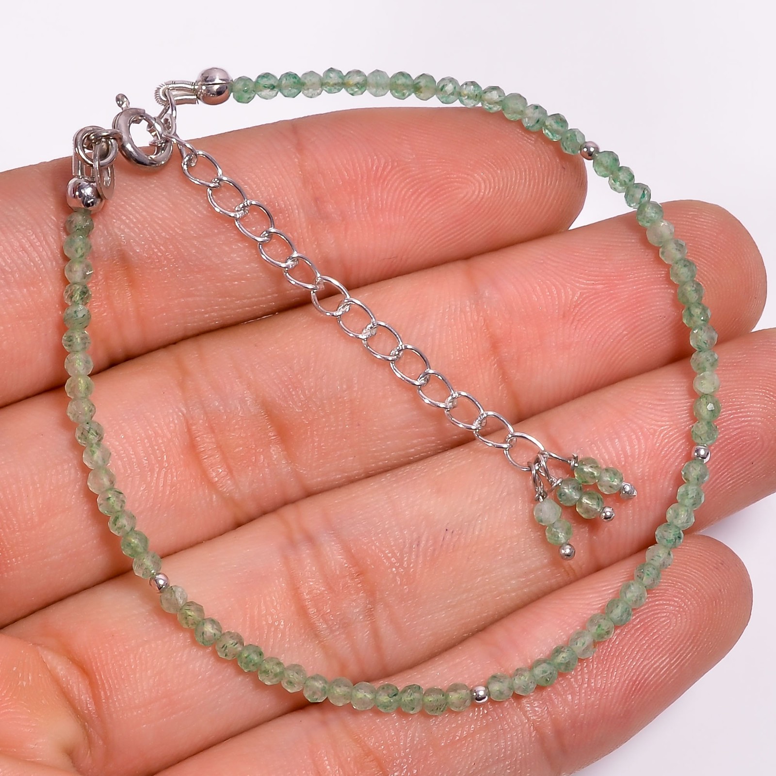 Natural Green Aventurine Gemstone 925 Sterling Silver Beads Bracelet 7-9″ P-825