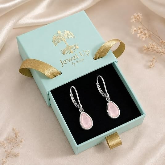 JUS 925 Sterling Silver Natural Rose Quartz Pear Shape Dangle Earrings Handmade