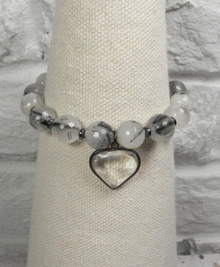 Rutilated Quartz Hematite Spacer Heart Charm Stretch Bracelet Handmade 7.5″ New