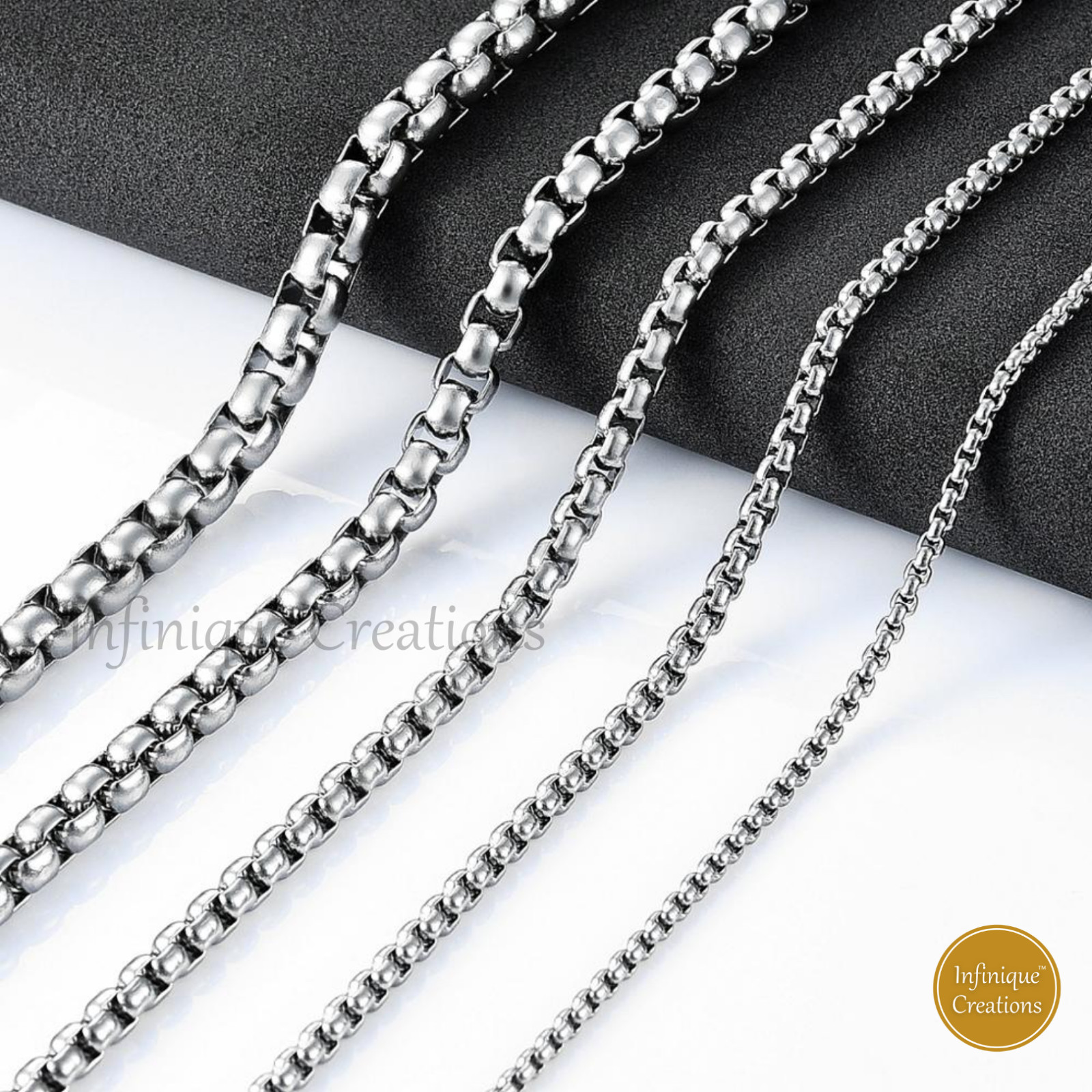 Stainless Steel Silver Round Box Chain Bracelet Necklace Men Women 1.5-5mm 7-38″