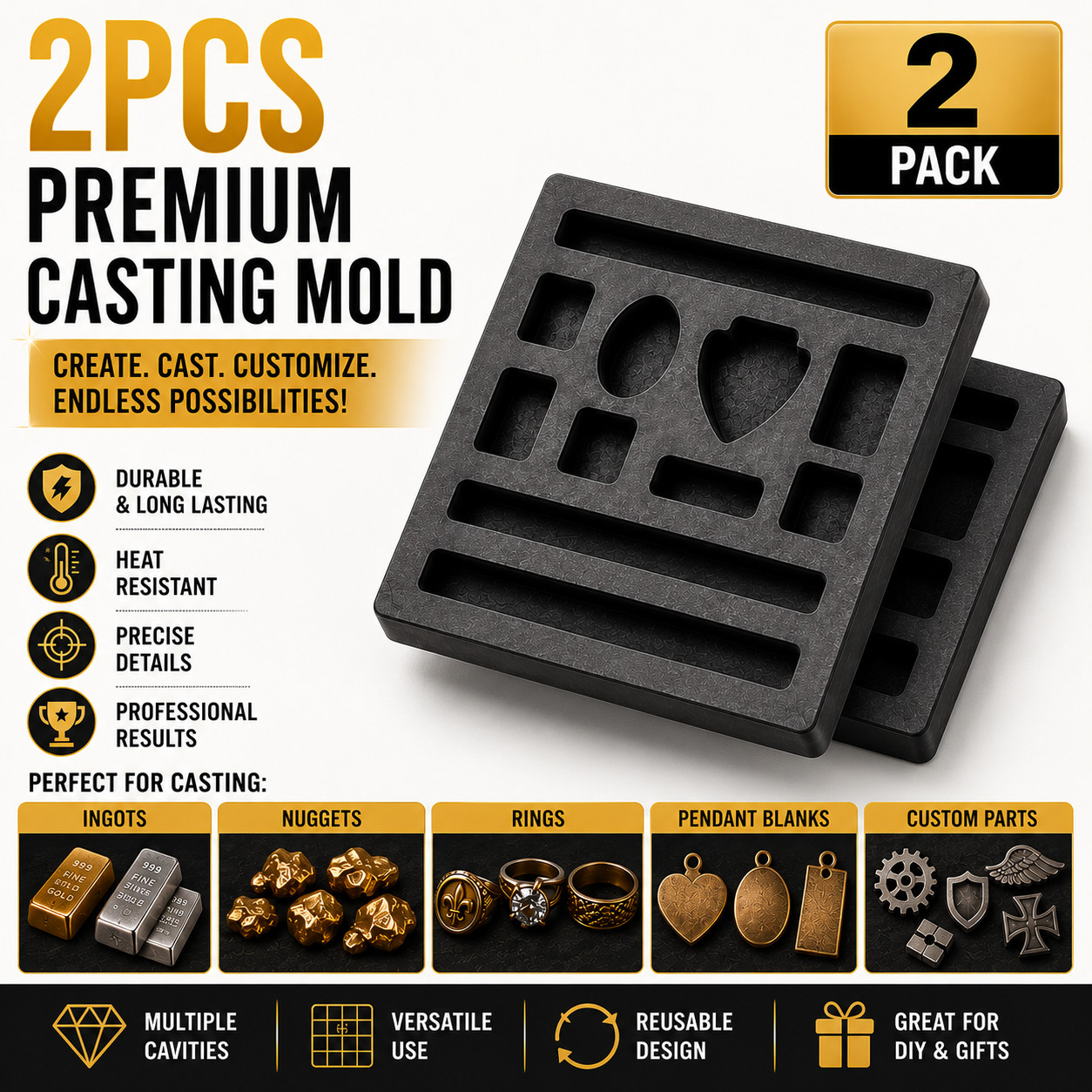2PCS Graphite Ingot Casting Mold 11 Cavity 4x4in Gold Silver Copper Melting Tool