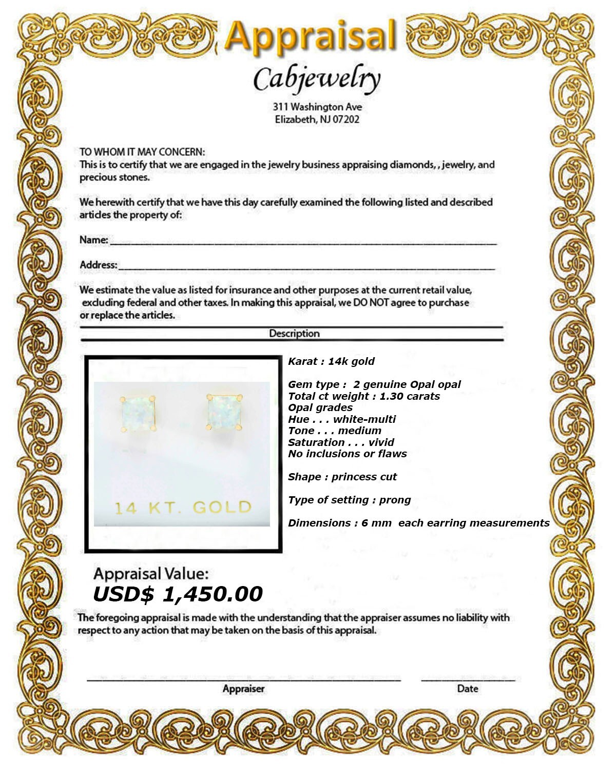 GENUINE 1.30 Cts OPAL STUD EARRINGS 14k GOLD – Free Appraisal – MADE IN USA