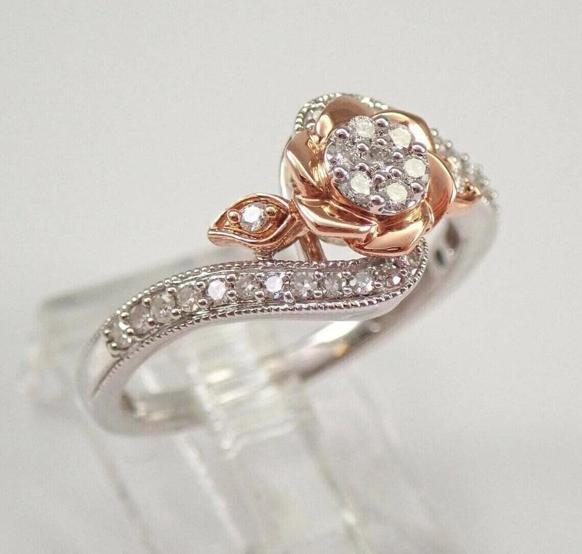 14K Two Tone Tone Gold Plated 2Ct Simulated Diamond Rose Flower Engagement Ring
