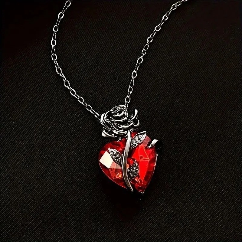 Red Crystal Heart Pendant Necklace Women Vintage Rose Flower Jewelry Gift