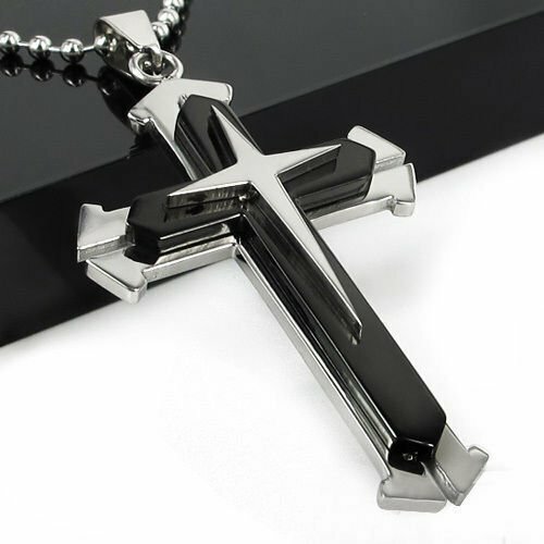 USA Gift Unisex’s Men Black Silver Stainless Steel Cross Pendant Necklace Chain
