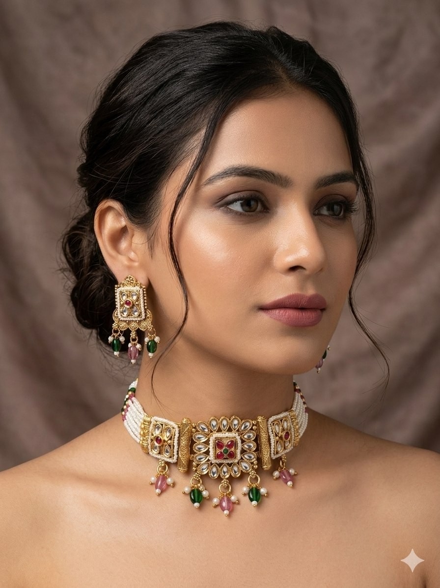 Bollywood Rajwadi Kundan Pearl Choker Set Gold Tone Bridal Wedding Jewelry