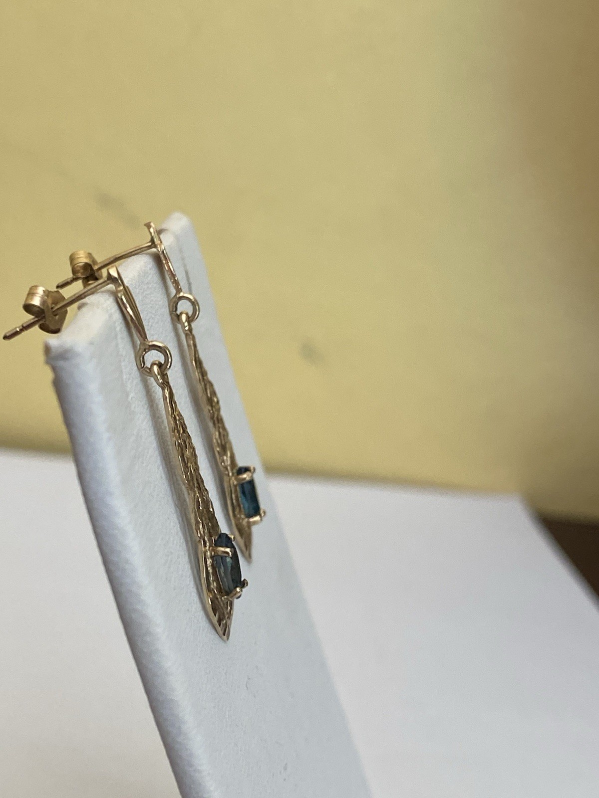 9 Carat Yellow Gold Marquise Cut Blue Spinel Earrings 3.3cm Drop