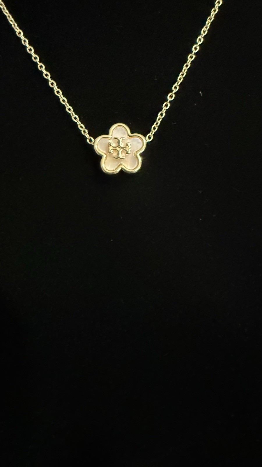 Tory Burch Gold Tone Flower Charm Pendant Necklace, Cable Chain, Spring Ring