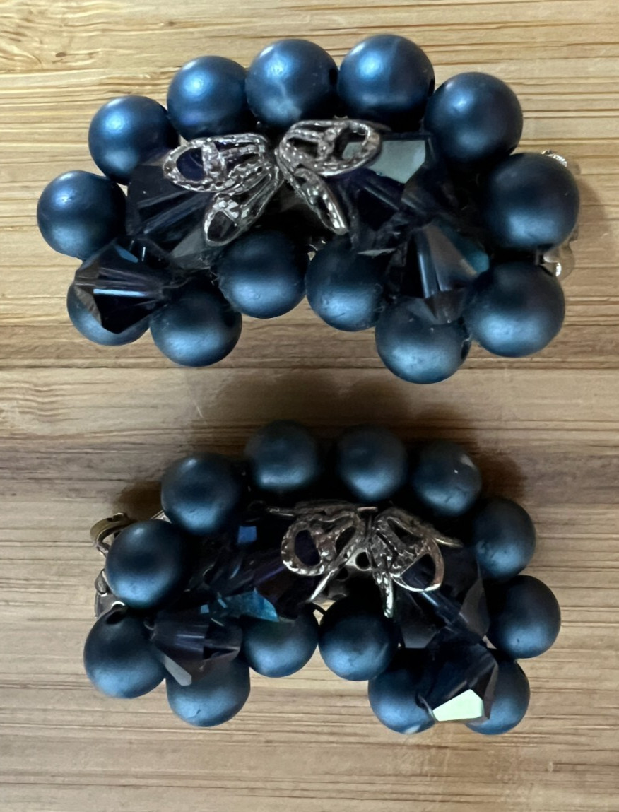 Vintage Blue Beaded climber style clip ear rings –unsigned 1.25 inches