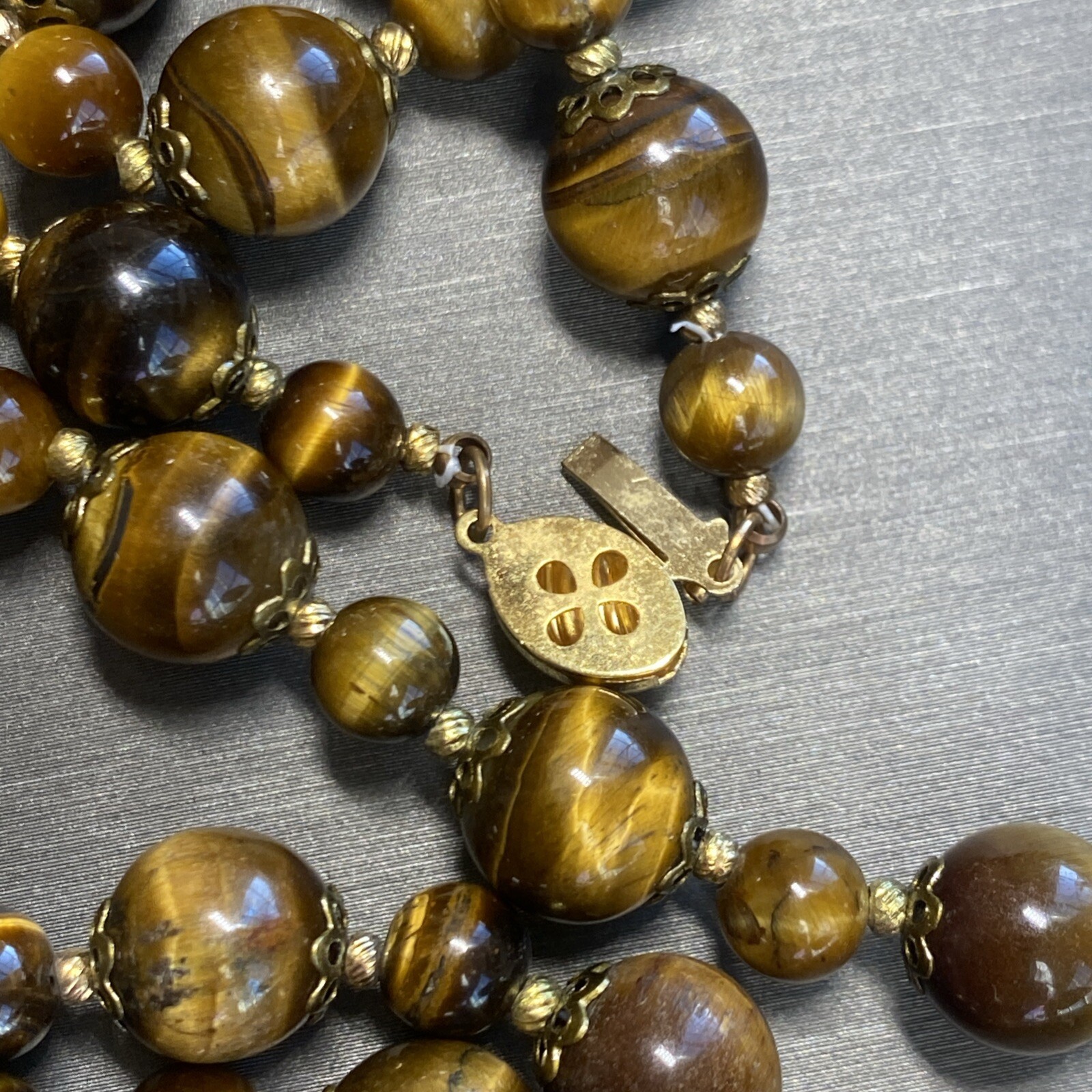 Vintage Tigers Eye Necklace Estate Fine Jewelry Pre-Owned Floral Filigree 25″