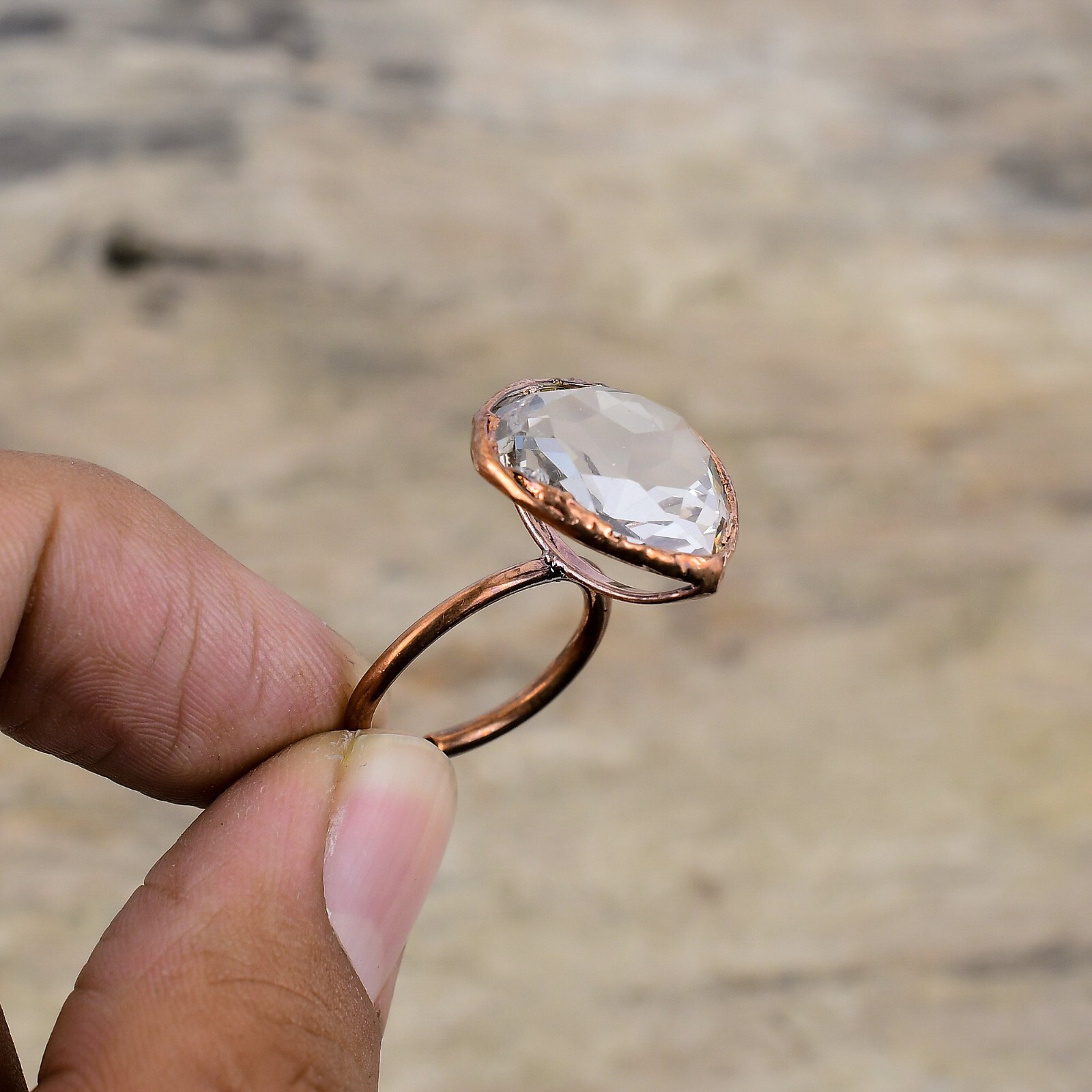 White Topaz Copper Love Gift Electroformed Adjustable Ring Size Adjustable