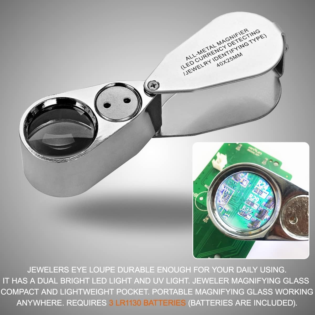 40X Jewelers Loupe Jewelry Loop Coin Magnifier Light Pocket LED Magnifying Glass