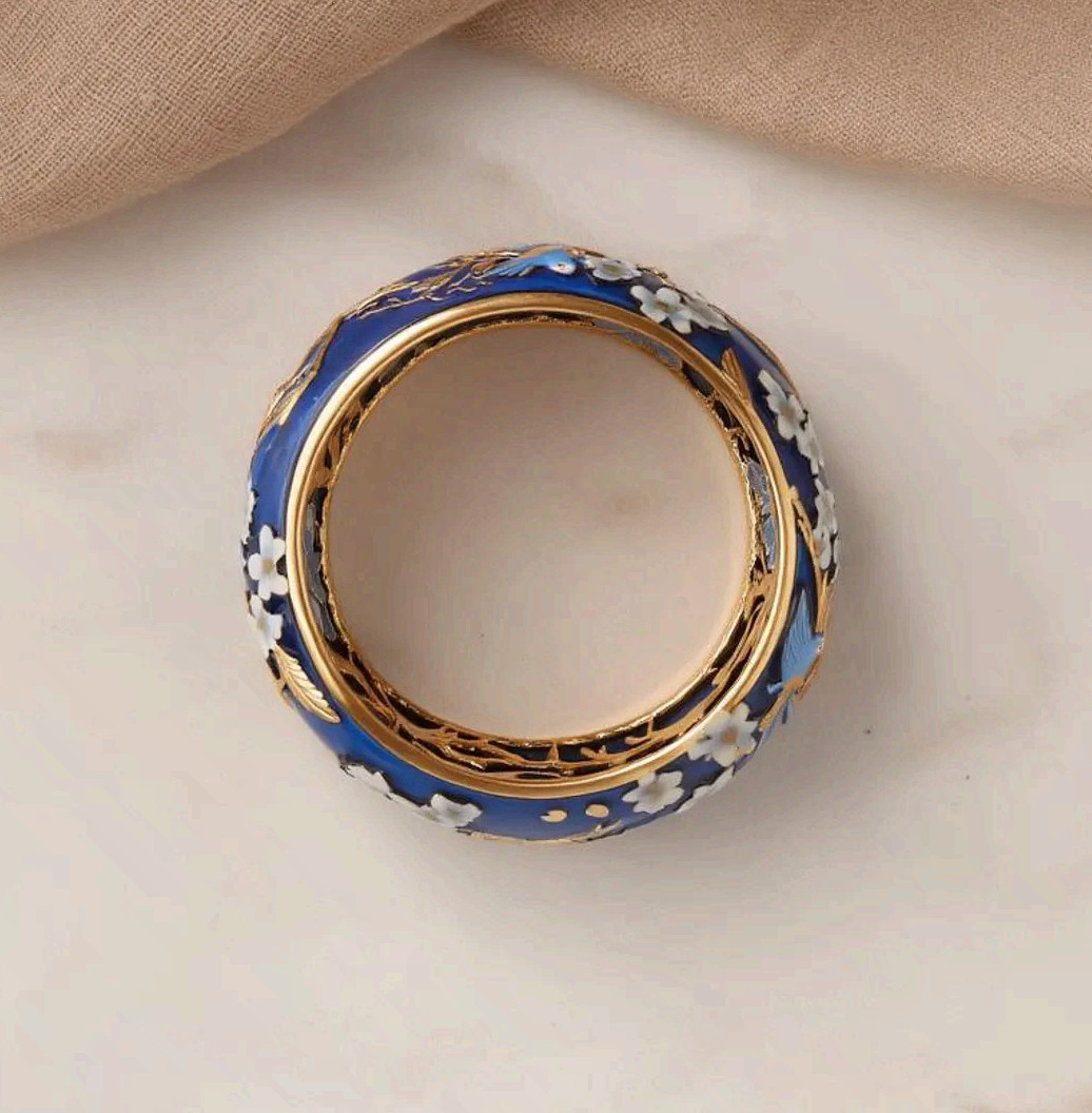 Champleve Enamel Flower Ring Stainless Steel Blue Bird