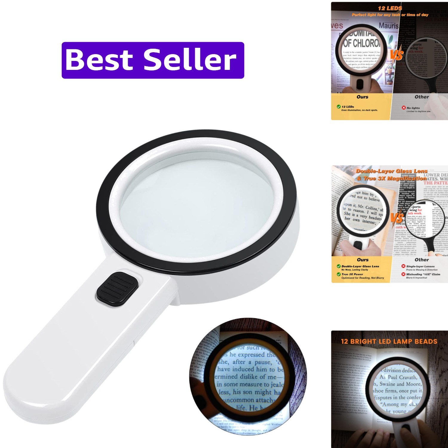 Magnifying Glass with Light, Double-Layer Glass Lens Handheld Large Magnifyin…