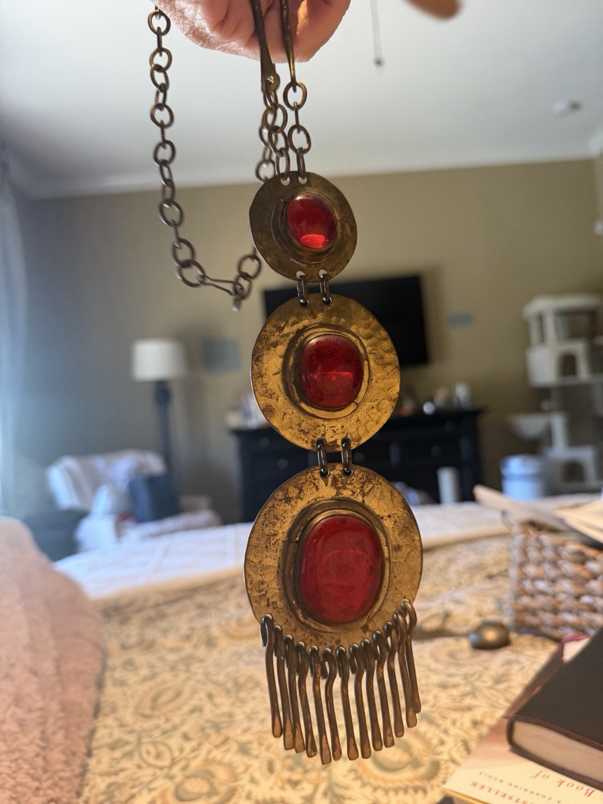 Rafael Alfandary Canada Necklace Modern Brutalist Brass 3 Glass Cabochon Fringe