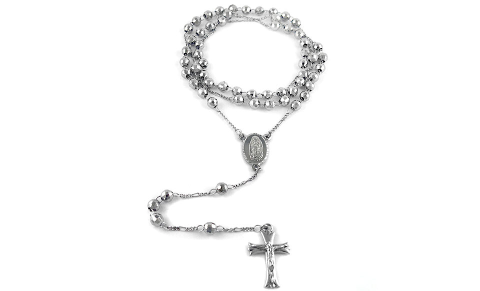 18K White Gold Plated 24″ Diamond Cut Rosary Jesus Cross Charm Necklace