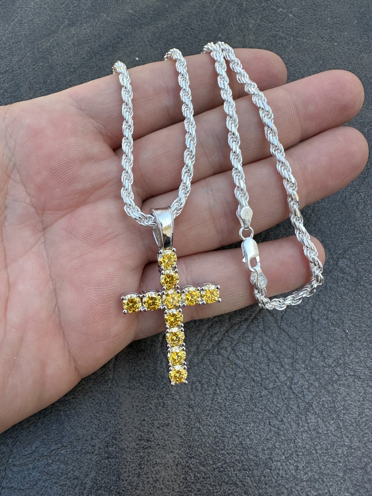 Yellow Canary MOISSANITE Real 925 Silver Cross Iced Pendant Necklace Hip Hop