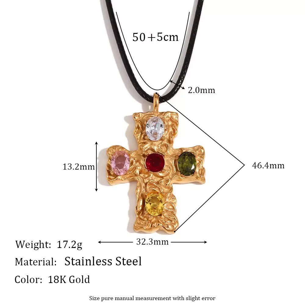 Stainless Steel Waxed Cord Colored Zircon Hammer Cross Inlaid Zircon Necklace
