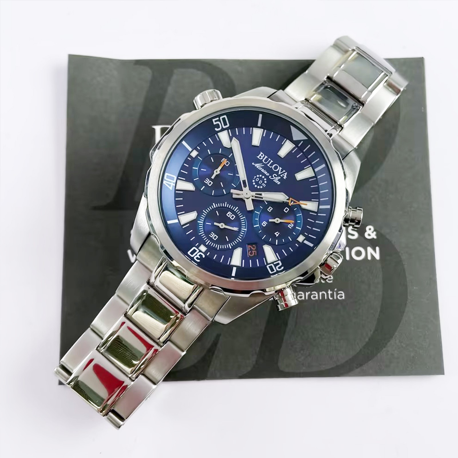 Bulova Marine Star Men Blue Dial Silver Steel Chronograph 96B256 Watch 43mm
