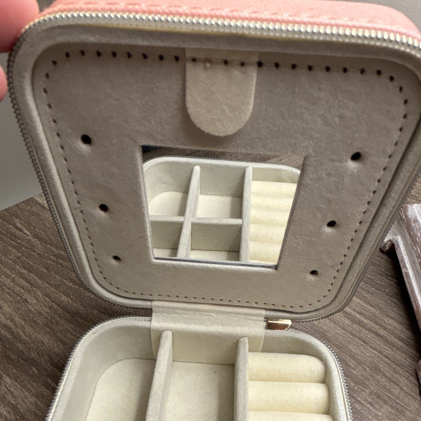 Pink Square Zip-Around Travel Jewelry Case w/ Mirror, Faux Leather, Velvet Lined