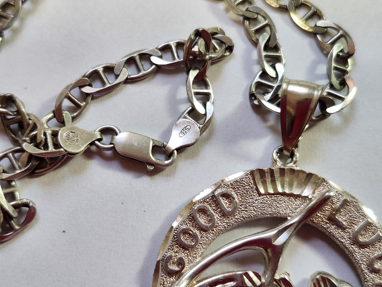 Mens Sterling Silver Pendant And Anchor Chain 43.8 Grams 1990s 22.5 Inch Chain