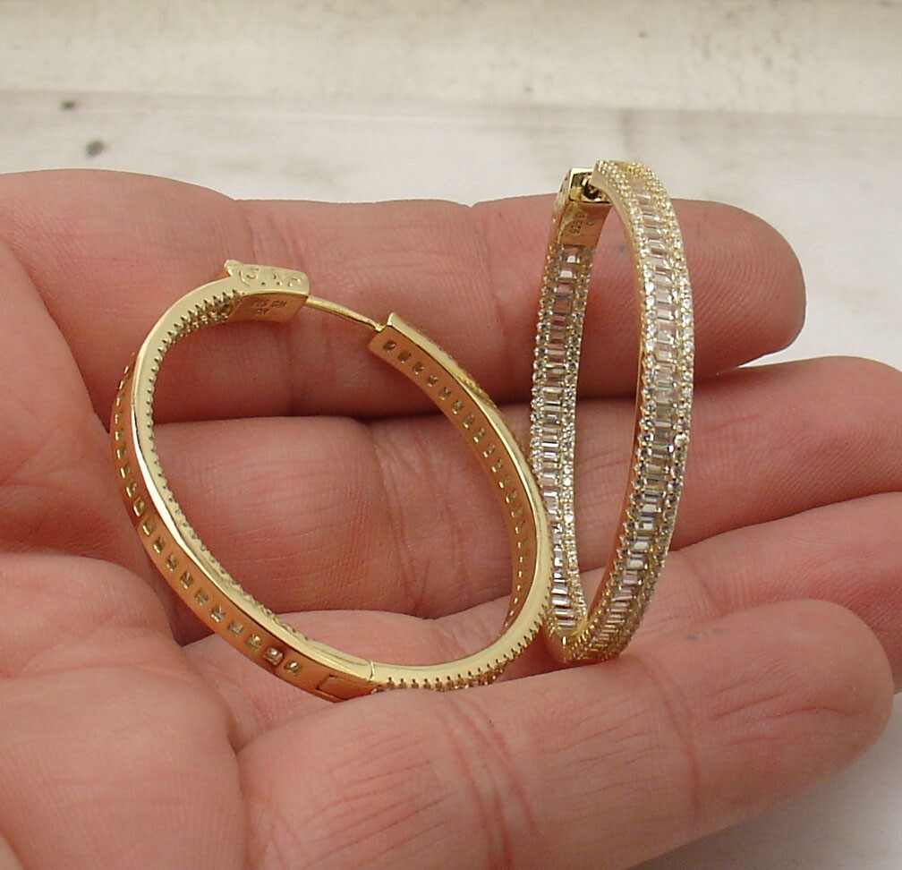 1.5″ Inside Out Pave Baguette CZ Hoop Earrings 14K Yellow Gold Plated Silver