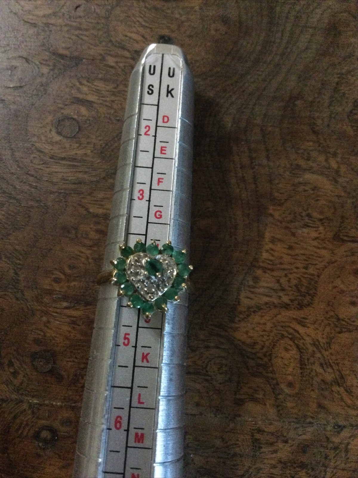 10kt Yellow Gold Heart Shaped Ring W/ Emeralds & Diamond Chips 4.25