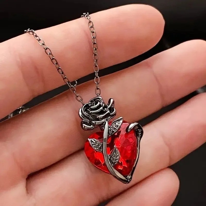 Red Crystal Heart Pendant Necklace Women Vintage Rose Flower Jewelry Gift