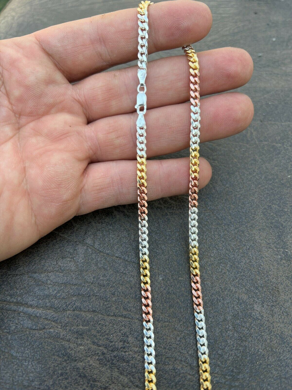 Tri Color Yellow Rose Gold Plated 925 Sterling Silver Miami Cuban Chain 2-6mm