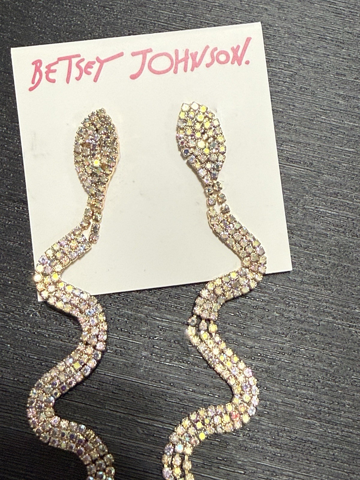 NEW BETSEY JOHNSON AURORA BOREALIS AB RHINESTONE SNAKE EARRINGS 5” GOLD TONE