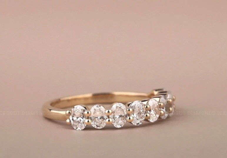 1.50CT Oval Cut Natural Diamond Half Eternity Wedding Band 14K Real Yellow Gold