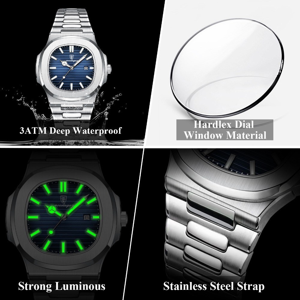 POEDAGAR Square Men Waterproof Luminous Date Stainless Steel Quartz Watch