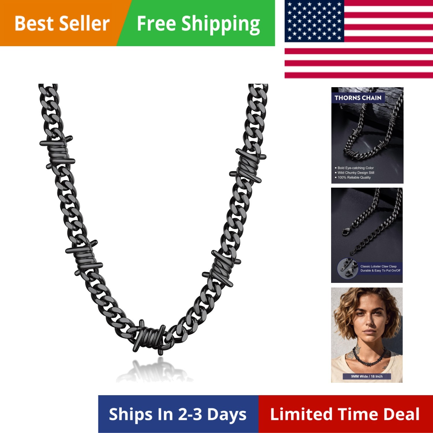 Barbed Wire Cuban Chain Necklace for Women Men Stainless Steel/Black Thorns C…